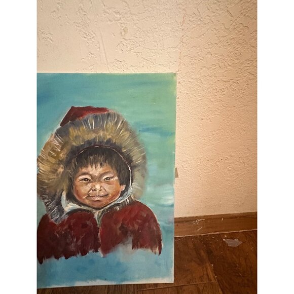 Vintage portrait of Inuit Child Oil Painting Canvas Art blue red 16x12" READ - Picture 3 of 9